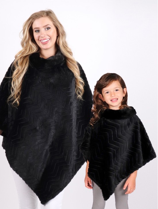 Mom and Kids Zig zag Pattern Faux Fur Poncho